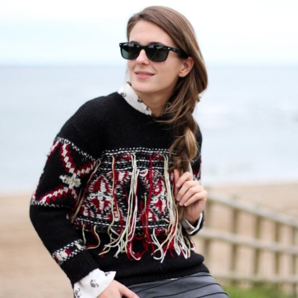 Isabel Marant Alpaca Printed Sweater with Black Red White Fringe